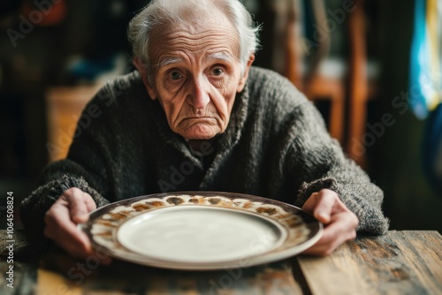 Old person in front of an empty plate , elders poverty and undernutrition concept image