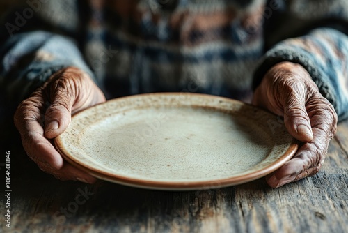 Old person in front of an empty plate , elders poverty and undernutrition concept image