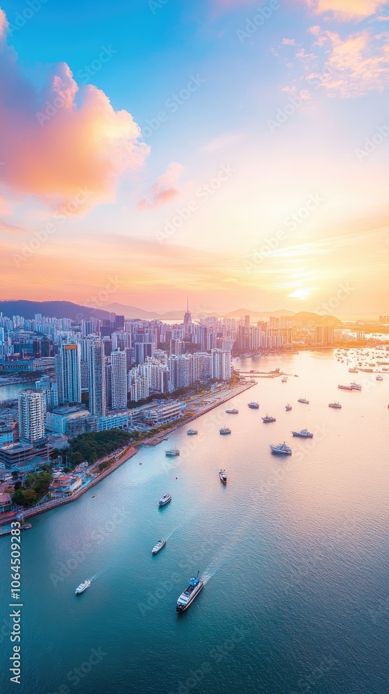 Fototapeta premium Coastal Cityscape with Tall Buildings at Sunset