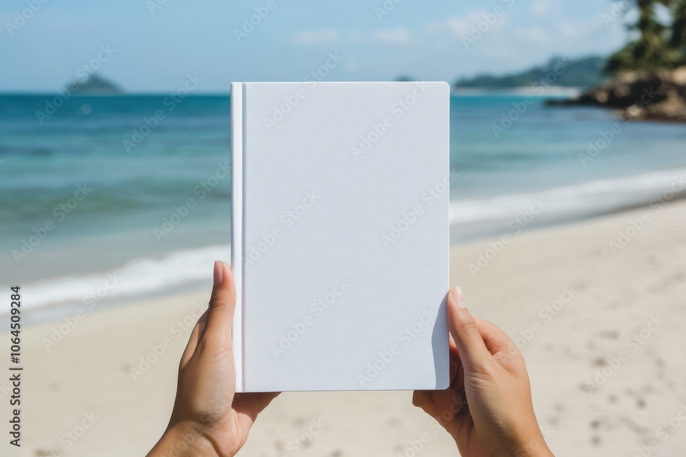 People hands holding a white book mock-up with copy space in front of a beautiful beach People hands holding a white book mock-up with copy space in front of a beautiful beach