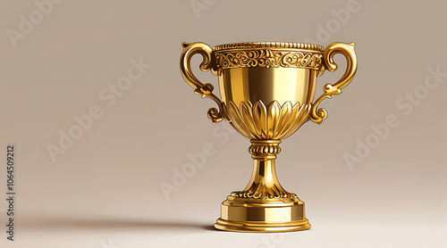 Vintage Gold Cup Trophy with Ornate Detailing on Plain Background and Generous Copy Space