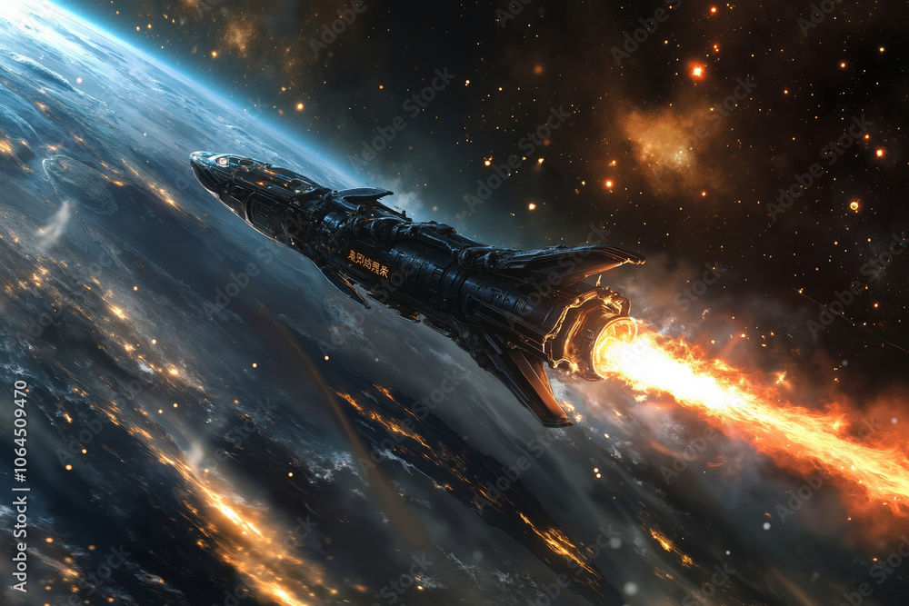 Fototapeta premium A spaceship with a fiery exhaust is flying through a starry space with a planet below