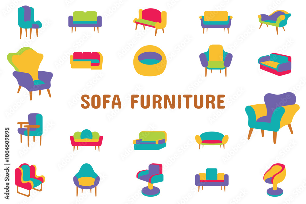 Sofa Furniture Flat Vector Illustration Icon Sticker Set Design Materials Sofa Furniture Flat Vector Illustration Icon Sticker Set Design Materials