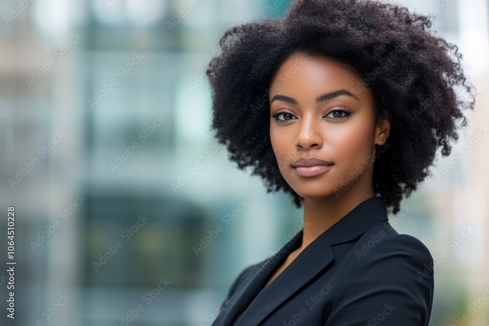 A beautiful black afro american woman in suit outdoors with a blurry business center A beautiful black afro american woman in suit outdoors with a blurry business center