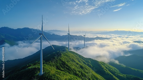 Aerial view of wind turbines on the mountaintop of high mountains