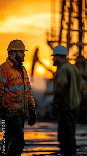 Oil Workers Talking at Sunset 