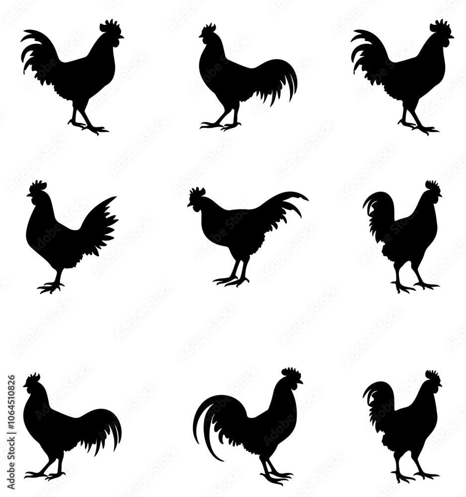 Fototapeta premium Rooster silhouette icon set, illustration. vector
