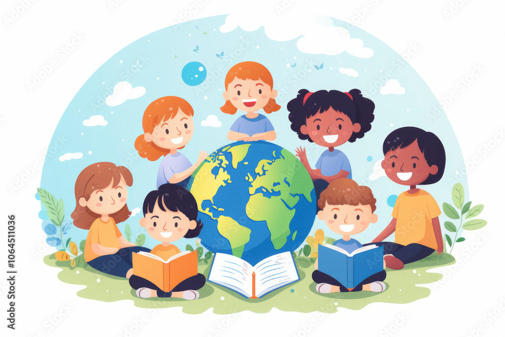 A group of children sitting in a circle, reading and sharing stories from their respective cultures A group of children sitting in a circle, reading and sharing stories from their respective cultures