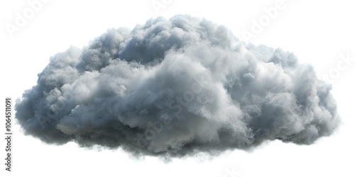 Fluffy grey cotton wool cloud isolated on a white background, ideal for atmospheric effects, natural weather illustrations, digital art, backgrounds, and conceptual design projects.