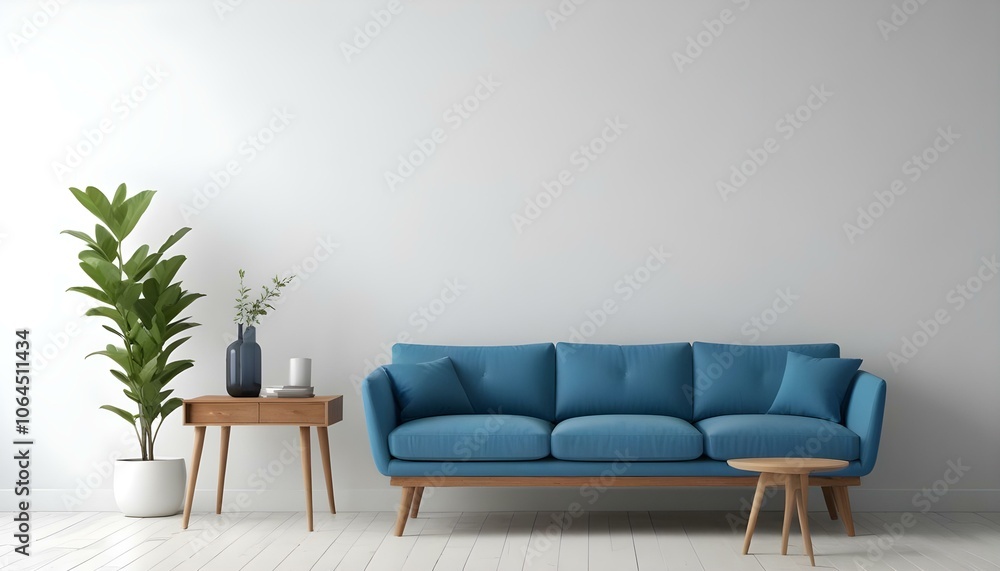 A modern blue sofa with wooden legs in a minimalist living room with a white wall and a wooden side table. A modern blue sofa with wooden legs in a minimalist living room with a white wall and a wooden side table.