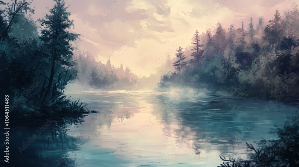 Tranquil Forest River at Dawn Tranquil Forest River at Dawn