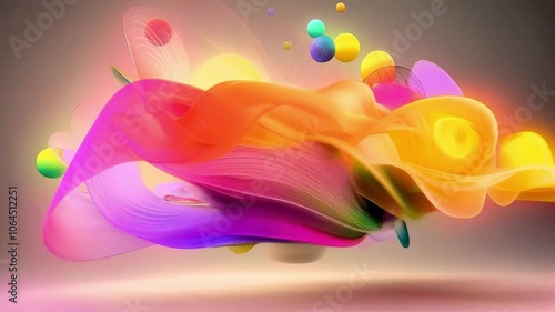 Vibrant Colorful Abstract Design Featuring Flowing Shapes and Spheres in Motion