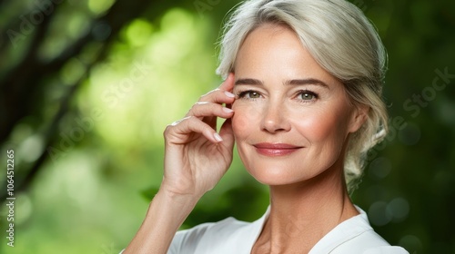 Portrait of a serene woman in her 40s with glowing skin, showcasing the effects of botox and filler treatments in a natural, well-lit setting