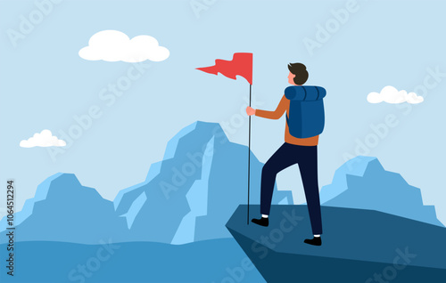 Man with backpack standing on the top of mountain in flat design vector illustration.