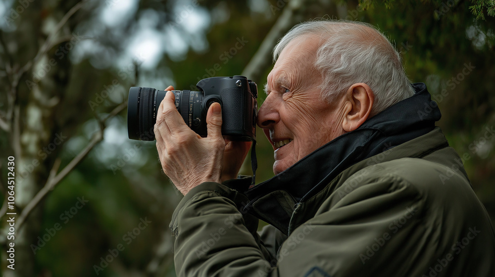 Elderly man photographing nature, with a gentle smile of curiosity and peace Elderly man photographing nature, with a gentle smile of curiosity and peace