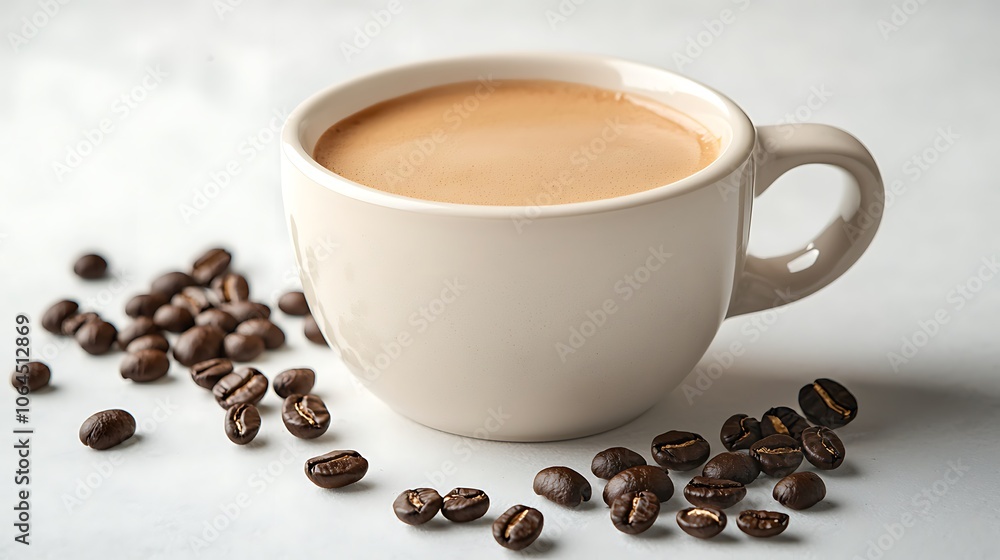 White Cup of Coffee with Coffee Beans White Cup of Coffee with Coffee Beans