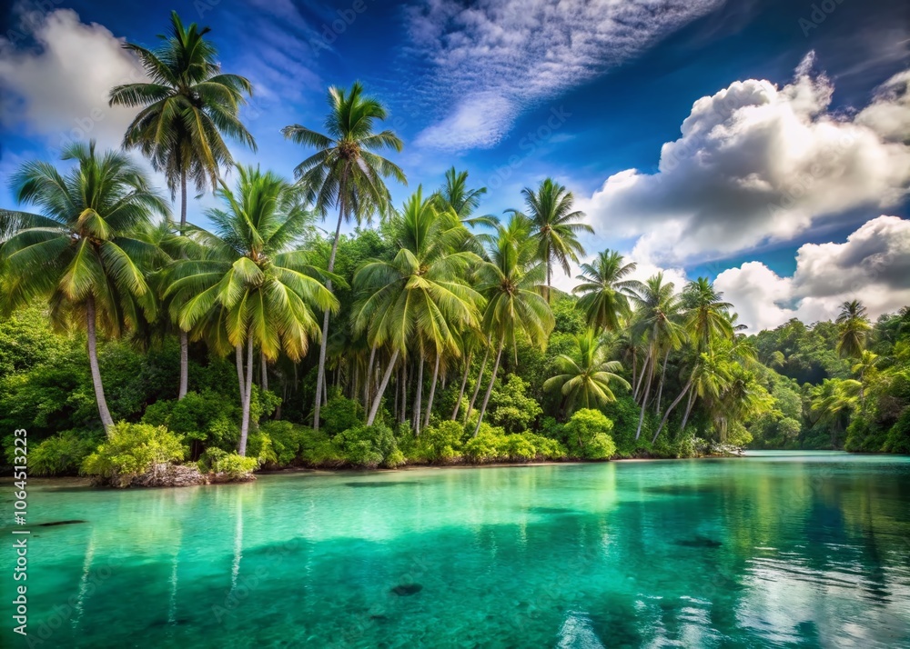 Fototapeta premium Paradise found: lush tropical trees whisper relaxation in serenity.