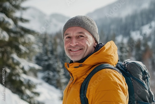 Portrait of a mature male in winter outdoor , happy man in scenic mountain and forest