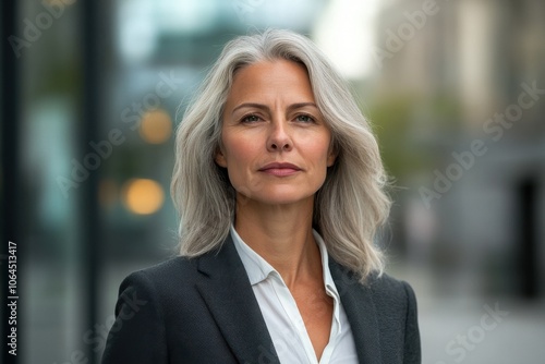 Free Download Portrait of a mature middle-aged caucasian european woman in suit outdoors with a blurry - GFXLoad
