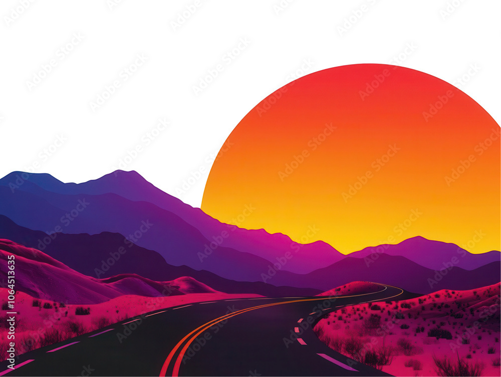 Sunset over road fork, isolated on solid white background, scenic journey symbol, , transparent background