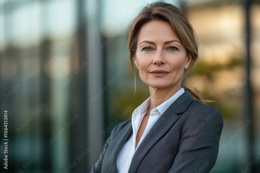 Portrait of a mature middle-aged caucasian european woman in suit outdoors with a blurry Portrait of a mature middle-aged caucasian european woman in suit outdoors with a blurry