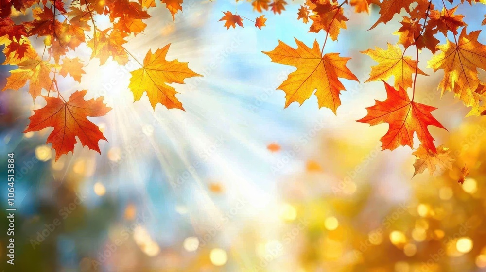Autumn background with maple leaves and bokeh,Fall blurred background, Yellow and red maple leaves are flying and falling down. Autumnal landscape.water drop on leaf,space for text. Autumn background with maple leaves and bokeh,Fall blurred background, Yellow and red maple leaves are flying and falling down. Autumnal landscape.water drop on leaf,space for text.
