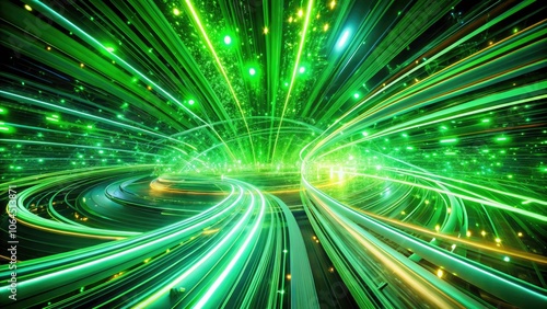 Abstract Green Neon Lights Background - Futuristic Panoramic Scene with Glowing Patterns, Vivid Light Trails, and Dynamic Shapes for Modern Digital Art and Design Projects