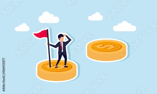 Businessman stands hold a flagpole above a dollar coin while monitoring the dollar coins in front of him, illustration of step by step achieving financial investment for financial freedom