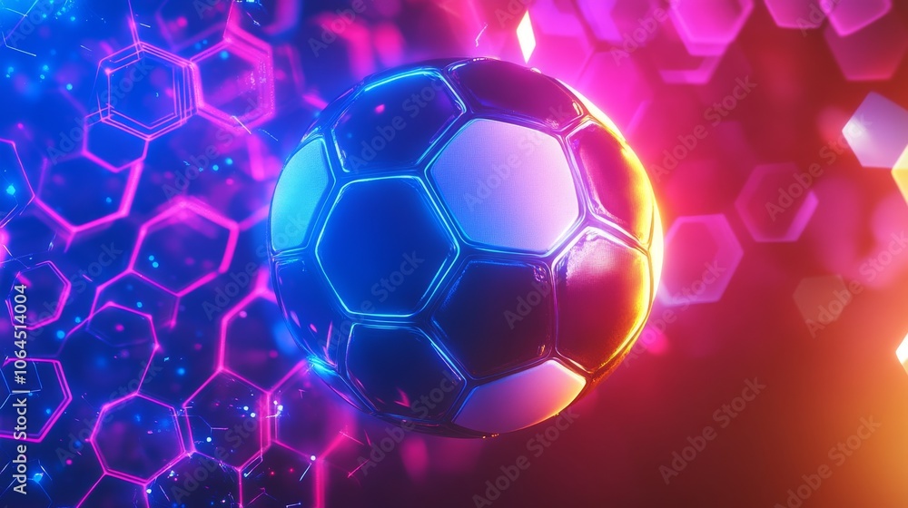 Obraz premium Football championship light background with glowing neon colors and hexagon patterns, perfect for soccer themes.
