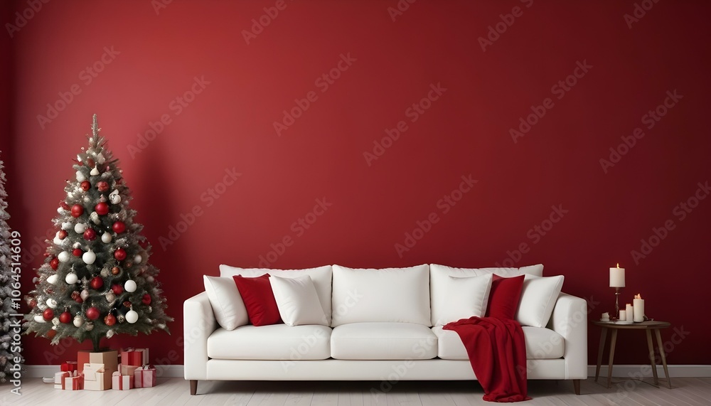 A white sofa with red and white pillows against a red wall with a Christmas tree in the background. A white sofa with red and white pillows against a red wall with a Christmas tree in the background.