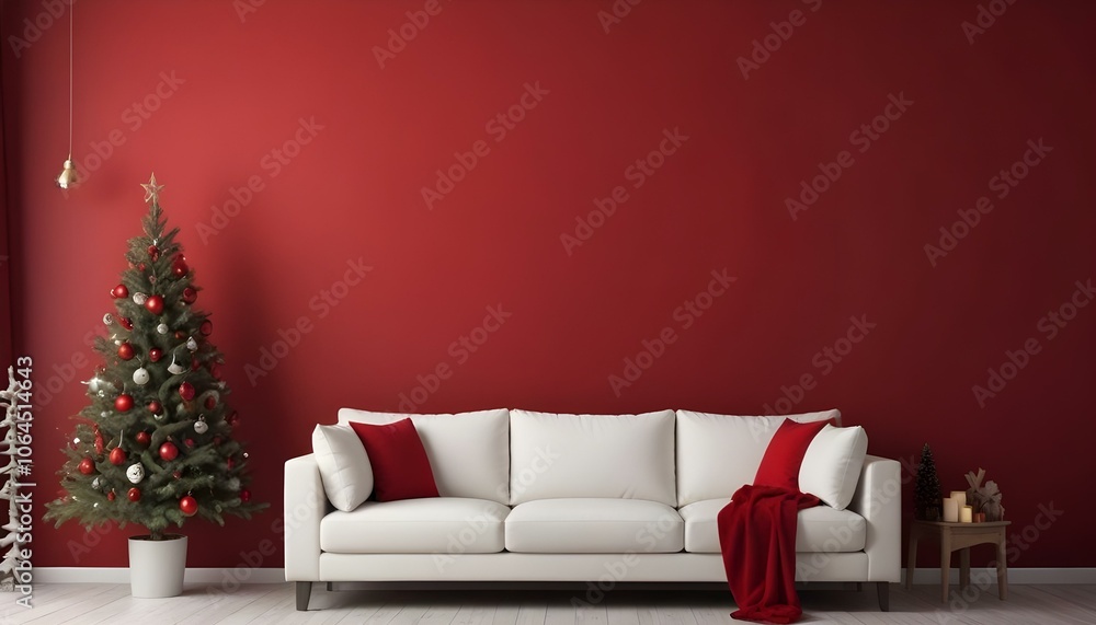 A white sofa with red and white pillows against a red wall with a Christmas tree in the background. A white sofa with red and white pillows against a red wall with a Christmas tree in the background.