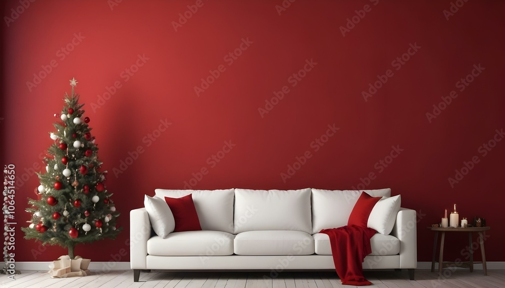A white sofa with red and white pillows against a red wall with a Christmas tree in the background. A white sofa with red and white pillows against a red wall with a Christmas tree in the background.