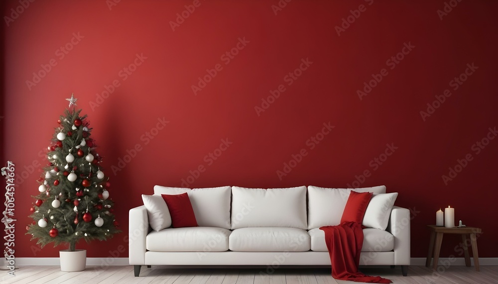 A white sofa with red and white pillows against a red wall with a Christmas tree in the background. A white sofa with red and white pillows against a red wall with a Christmas tree in the background.
