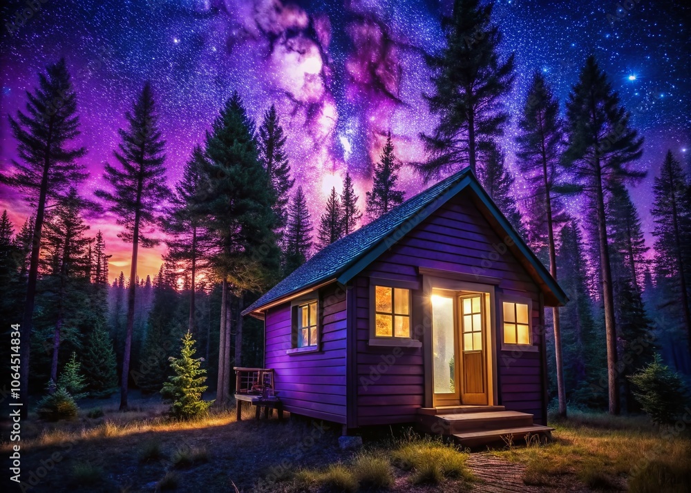 Purple Tiny House Cabin in the Woods Night Photography Purple Tiny House Cabin in the Woods Night Photography