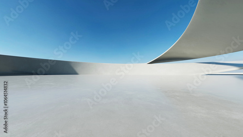 Fototapeta Naklejka Na Ścianę i Meble -  3d render of white futuristic architecture, abstract wavy structure with empty concrete floor