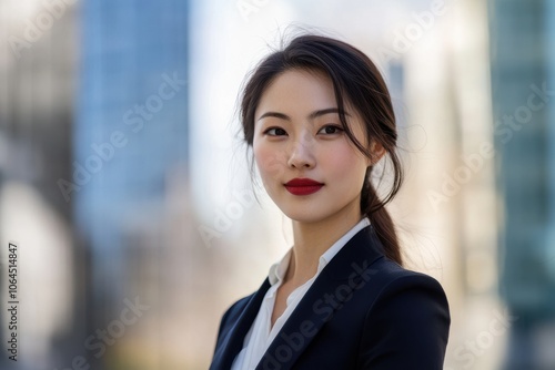 A attractive Asian woman in suit outdoors with a blurry business center in backdrop