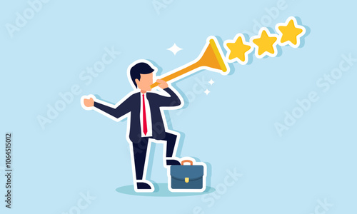 A businessman blows a trumpet, releasing several star signs, illustration of business passion in pursuing company rating targets for quality