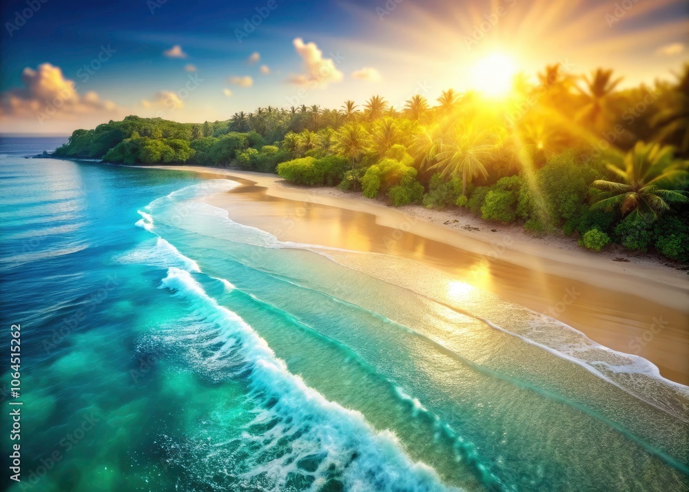 Aerial View of Tropical Beach with Bokeh Sunlight and Gentle Waves - Abstract Background for Relaxation and Travel Inspiration Aerial View of Tropical Beach with Bokeh Sunlight and Gentle Waves - Abstract Background for Relaxation and Travel Inspiration