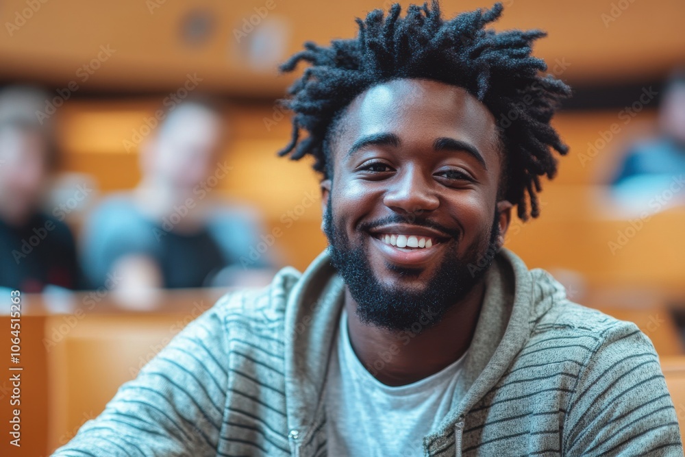 A black afro american happy university student sitting in a college lecture hall Depth A black afro american happy university student sitting in a college lecture hall Depth