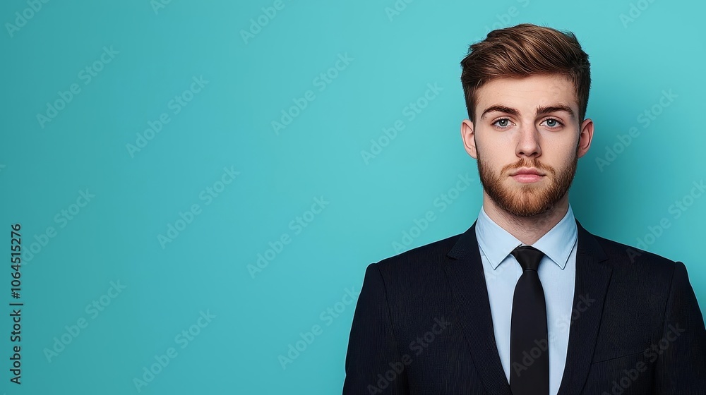 Confident young man in formal attire, standing against a turquoise background, exuding professionalism and style. Confident young man in formal attire, standing against a turquoise background, exuding professionalism and style.