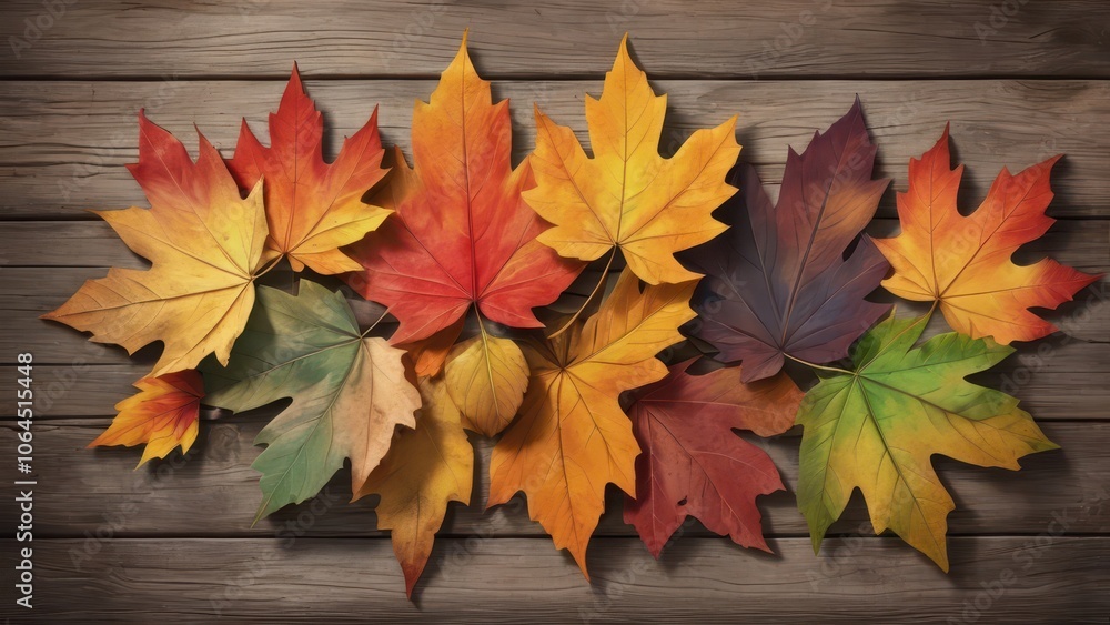 Bright fall leaves arranged on a wooden surface create a beautiful composition with hues ranging from reds to greens and yellows. Bright fall leaves arranged on a wooden surface create a beautiful composition with hues ranging from reds to greens and yellows.