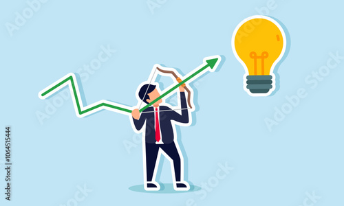 A businessman tries to shoot a light bulb with a green arrow graph, illustration of targeting new ideas and business innovation