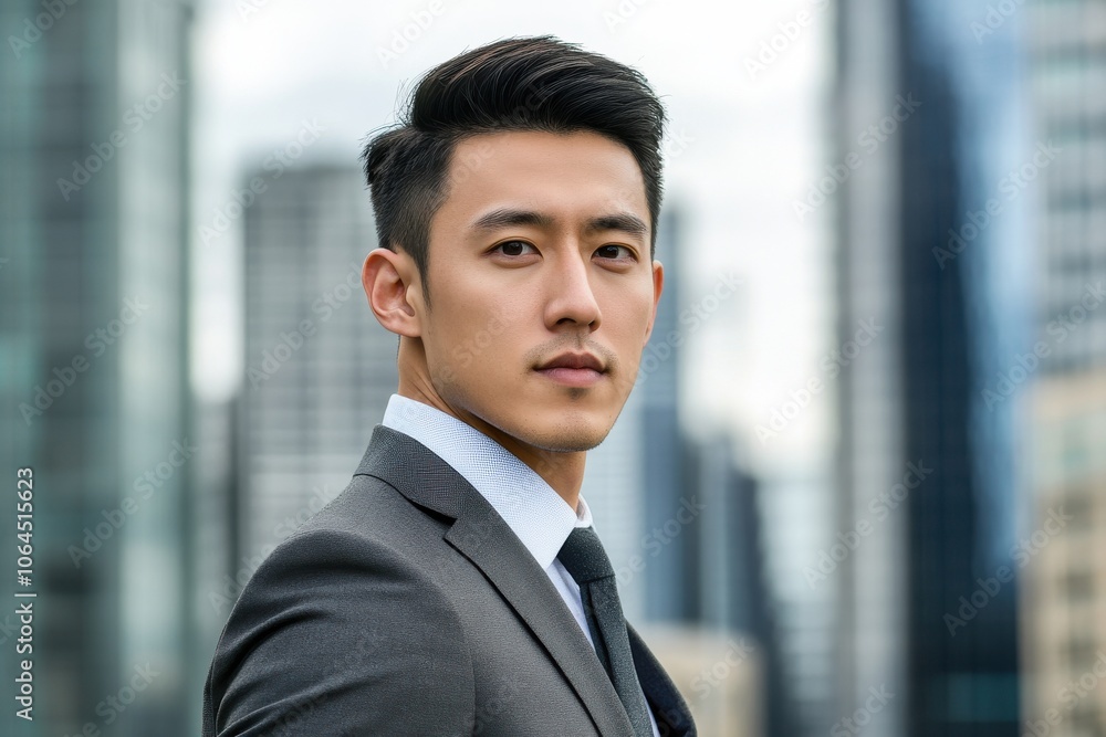 A handsome Asian man in suit outdoors with a blurry business center in backdrop A handsome Asian man in suit outdoors with a blurry business center in backdrop