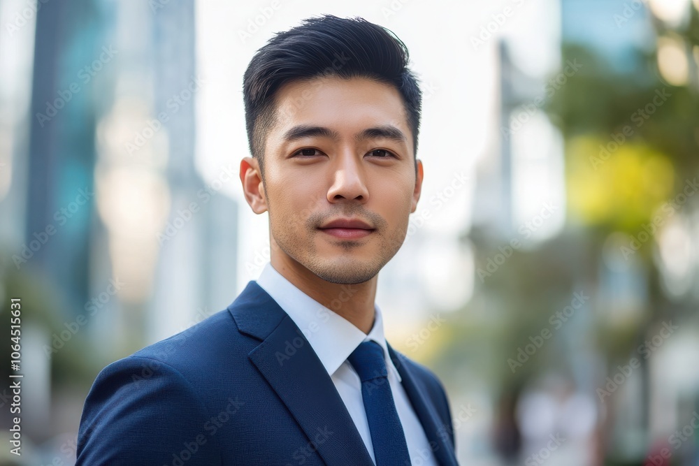 A handsome Asian man in suit outdoors with a blurry business center in backdrop A handsome Asian man in suit outdoors with a blurry business center in backdrop