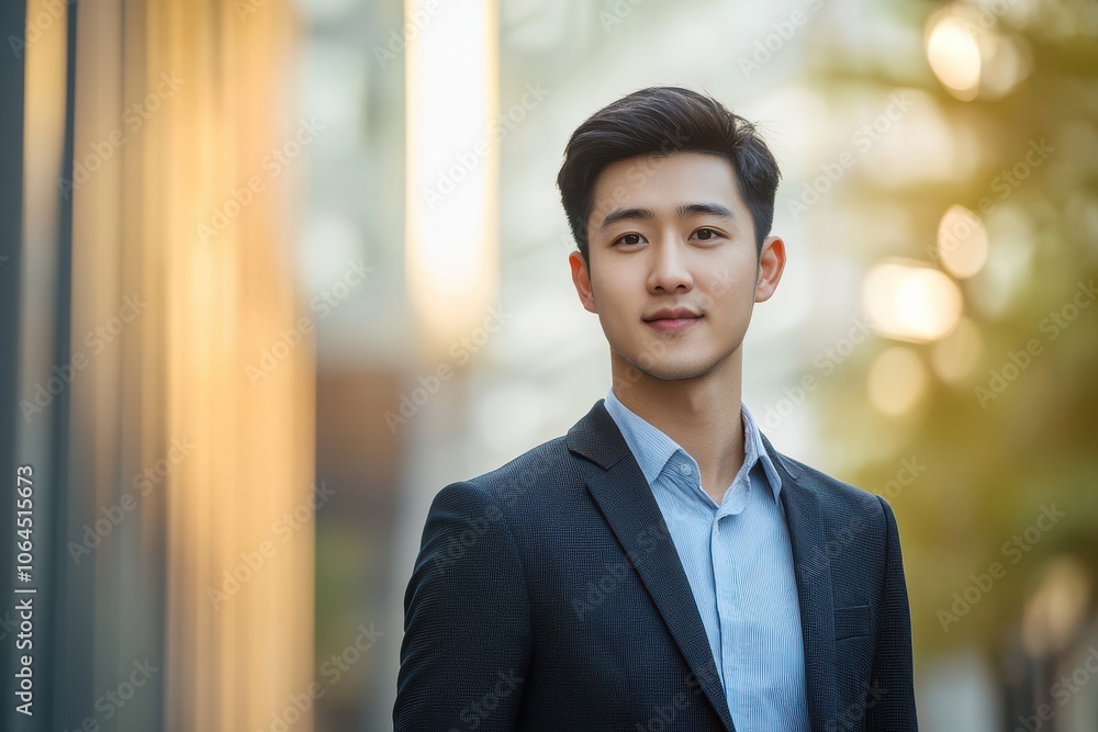 A handsome Asian man in suit outdoors with a blurry business center in backdrop A handsome Asian man in suit outdoors with a blurry business center in backdrop