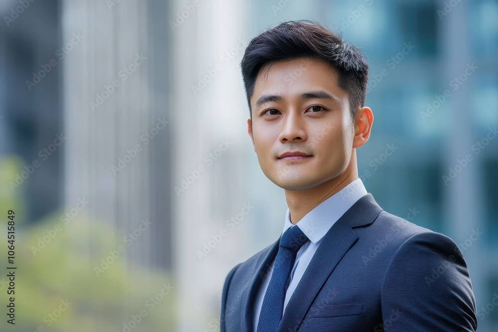 A handsome Asian man in suit outdoors with a blurry business center in backdrop A handsome Asian man in suit outdoors with a blurry business center in backdrop