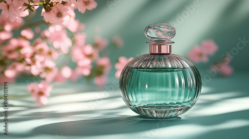Elegant perfume bottle with cherry blossoms, spring luxury still life