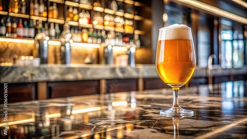 A single glass of draft beer on a marble countertop in a luxurious wine and beer bar, glass, luxury, fine dining