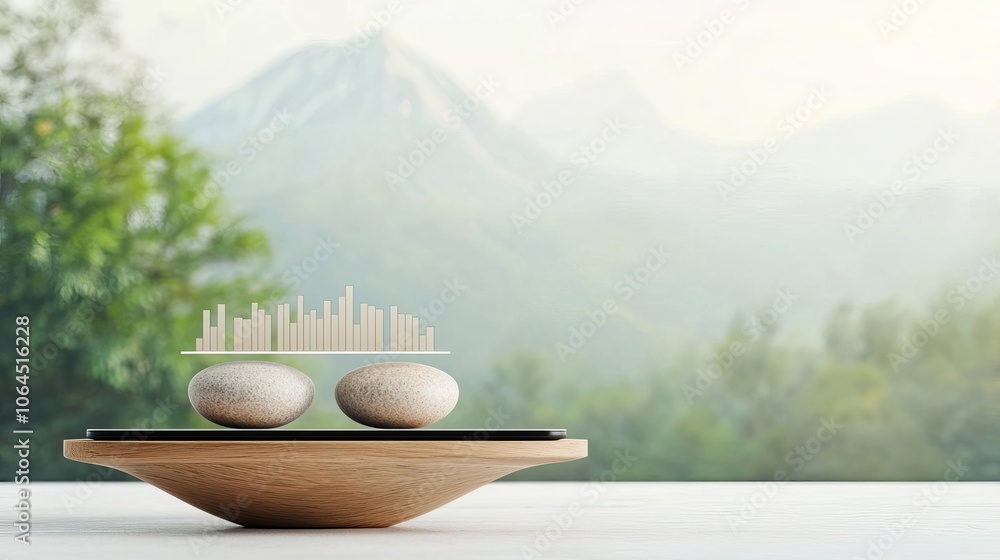 Investment planning visualized through a balanced asset allocation chart on a clean monitor, with a beautiful lake and forest view beyond, indicating diversified growth Investment planning visualized through a balanced asset allocation chart on a clean monitor, with a beautiful lake and forest view beyond, indicating diversified growth