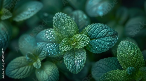 Close-Up of Fresh Mint Leaves with Dewdrops